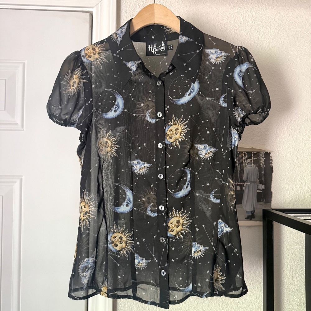 HELL BUNNY black sheer goth sun moon star celestial short sleeve cropped shirt